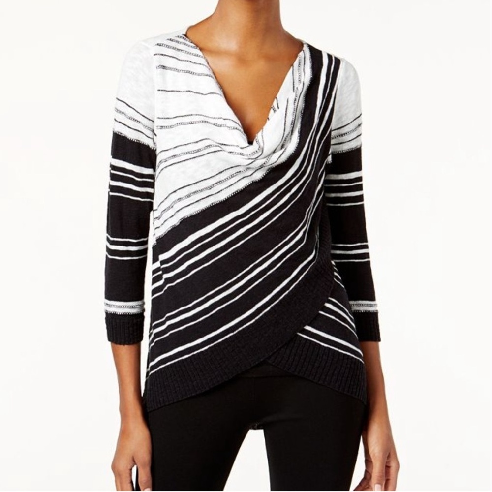 INC DRAPE NECK LAYERED FRONT SWEATER